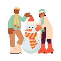 January snowman building Christmas tradition cartoon flat illustration. Having fun winter clothes friends 2D characters isolated on white background. Play together outside scene vector color image