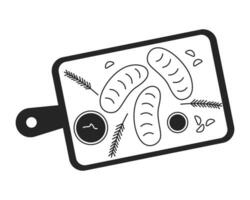 Serving board with snacks black and white 2D line cartoon object. Baked sliced food serving tray isolated vector outline item. Baguette sliced bread on platter monochromatic flat spot illustration