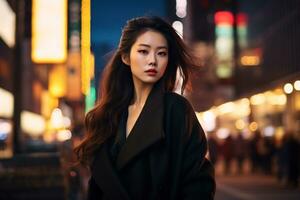 Asian girl with fashionable outfit posing in bustling city Generative AI photo