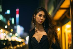 asiático niña con de moda atuendo posando en bullicioso ciudad generativo ai foto