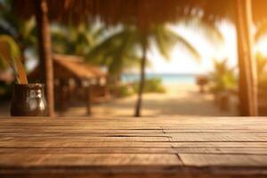 un foto de un vacío de madera mesa con un tiki playa bar borroso antecedentes generativo ai