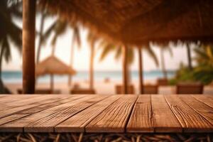 A photo of an empty wooden table with a tiki beach bar blurred background Generative AI