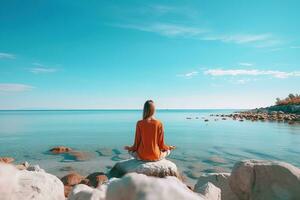 un blanco mujer es meditando en el playa con agua en frente de su, en el estilo de foto generativo ai