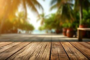 un foto de un vacío de madera mesa con un tiki playa bar borroso antecedentes generativo ai