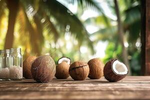 A photo of young coconuts an wooden table with a tiki beach bar blurred background Generative AI