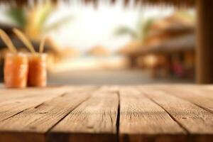 un foto de un vacío de madera mesa con un tiki playa bar borroso antecedentes generativo ai