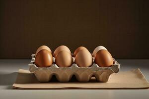 A simple egg carton containing a few white eggs, slightly tilted to create a dynamic composition Generative AI photo