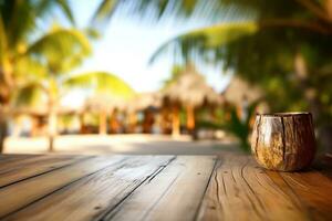 A photo of an empty wooden table with a tiki beach bar blurred background Generative AI