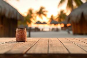 un foto de un vacío de madera mesa con un tiki playa bar borroso antecedentes generativo ai