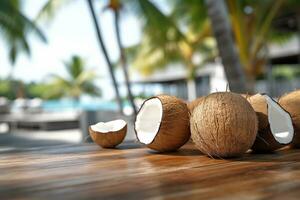 A photo of young coconuts an wooden table with a tiki beach bar blurred background Generative AI