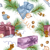 jul sömlös mönster av gåva lådor, jul dekorationer digital illustration. tall gren, rådjur, ängel hand ritade. element för Semester skriva ut, ny år omslag, bakgrund. png
