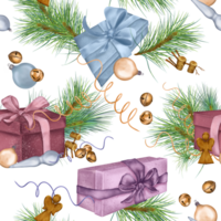 Weihnachten nahtlos Muster von Geschenk Kisten, Weihnachten Dekorationen Digital Illustration. Kiefer Zweig, Reh, Engel Hand gezeichnet. Element zum Urlaub drucken, Neu Jahr Verpackung, Hintergrund. png