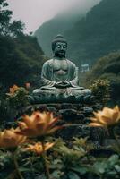 Buddha statue in the mountains, with lotus flowers, natural lighting, natural environment. Generative AI photo