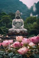 Buddha statue in the mountains, with lotus flowers, natural lighting, natural environment. Generative AI photo