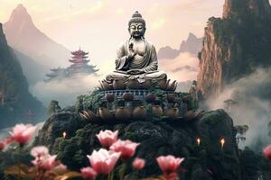 Buddha statue in the mountains, with lotus flowers, natural lighting, natural environment. Generative AI photo
