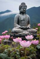 Buddha statue in the mountains, with lotus flowers, natural lighting, natural environment. Generative AI photo