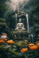 Buddha statue in the mountains, with lotus flowers, natural lighting, natural environment. Generative AI photo