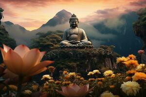 Buddha statue in the mountains, with lotus flowers, natural lighting, natural environment. Generative AI photo