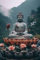 Buddha statue in the mountains, with lotus flowers, natural lighting, natural environment. Generative AI photo