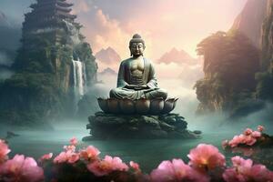 Buddha statue in the mountains, with lotus flowers, natural lighting, natural environment. Generative AI photo