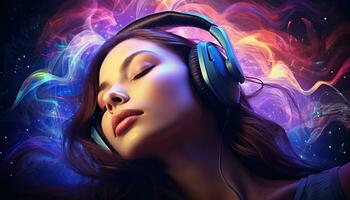 Young woman in headphones listening to music, healing therapy and meditation, music to improve health and well being, can help your meditation and relaxation. Generative AI photo