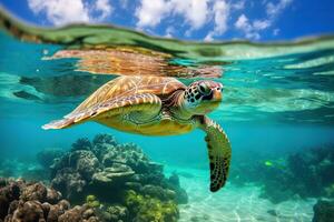 a sea turtle in crystal clear water. Amazing crystalline seabed. Reef full of life. Generative AI photo