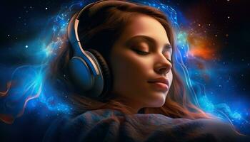 Young woman in headphones listening to music, healing therapy and meditation, music to improve health and well being, can help your meditation and relaxation. Generative AI photo