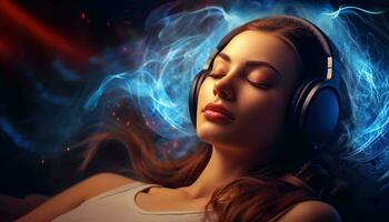 Young woman in headphones listening to music, healing therapy and meditation, music to improve health and well being, can help your meditation and relaxation. Generative AI photo