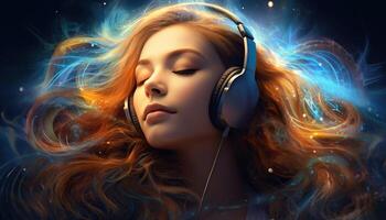 Young woman in headphones listening to music, healing therapy and meditation, music to improve health and well being, can help your meditation and relaxation. Generative AI photo