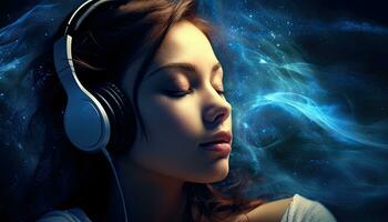 Young woman in headphones listening to music, healing therapy and meditation, music to improve health and well being, can help your meditation and relaxation. Generative AI photo