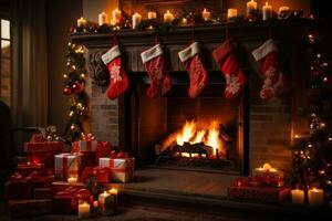 fireplace with red Christmas stockings AI Generated photo