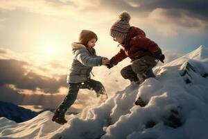 dos niños disfrutando sí mismos jugando en el nieve en parte superior de un Nevado colina ai generado foto