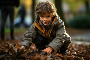 boy playing with fallen tree leaves in autumn, in the city AI Generated photo