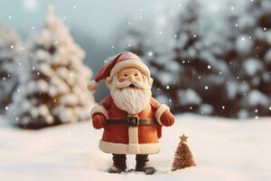 a plastic santa figure stands next to a tree AI Generated photo
