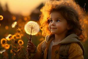 un niña niñito que lleva un diente de león Blowball en un campo con diente de león y flores puesta de sol Disparo primavera temporada ai generado foto