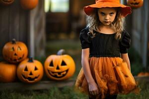 a girl in a halloween costume stand beside pumpkins AI Generated photo