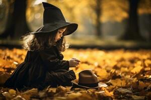 pequeño niña en bruja disfraz jugando en otoño parque ai generado foto