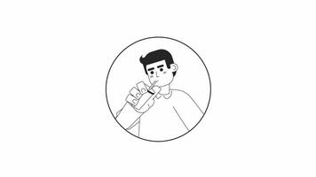 Chilling caucasian guy drinking through straw black and white 2D avatar animation. Holding coffee european young adult outline cartoon 4K video, alpha channel. Smoothie man animated portrait isolated video