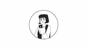 Smartphone woman caucasian bob hair black and white 2D avatar animation. Phone scrolling girl european outline cartoon 4K video, alpha channel. Mobile internet user female animated portrait isolated video
