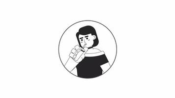 Stylish caucasian young adult woman sipping straw black and white 2D avatar animation. Coffee enjoy college girl outline cartoon 4K video, alpha channel. Drinking milkshake animated portrait isolated video