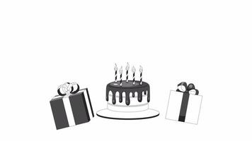 Celebration birthday party bw 2D objects animation. Gift boxes birthday cake outline cartoon 4K video, alpha channel. Shaking presents cake jumping animated elements isolated on white background video