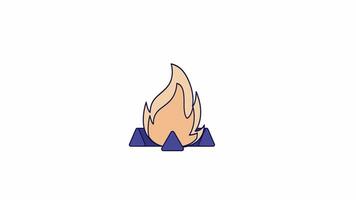 Camping bonfire burning line 2D object animation. Camp fire flat color cartoon 4K video, alpha channel. Campfire campground. Burning wood. Flames sparks firewood pile animated item on white background video