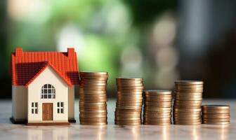 stack of coins increasing in height beside a miniature house model AI Generated photo