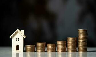 stack of coins increasing in height beside a miniature house model AI Generated photo