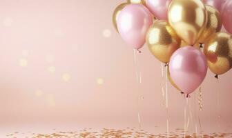 Shiny pink and golden glitter balloons on light pink soft pastel background AI Generated photo