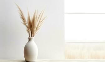 Decorative clay vase with pampas grass against window near white wall AI Generated photo