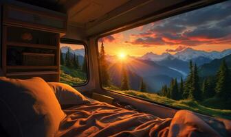 Beautiful view of serene mountain landscape from inside a camper truck AI Generated photo