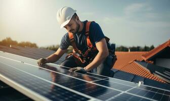 Man worker installing solar photovoltaic panels on roof AI Generated photo