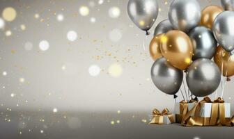 Bunch of golden and silver gray metallic glitter balloons on glistering background AI Generated photo