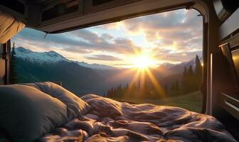 Beautiful view of serene mountain landscape from inside a camper truck AI Generated photo